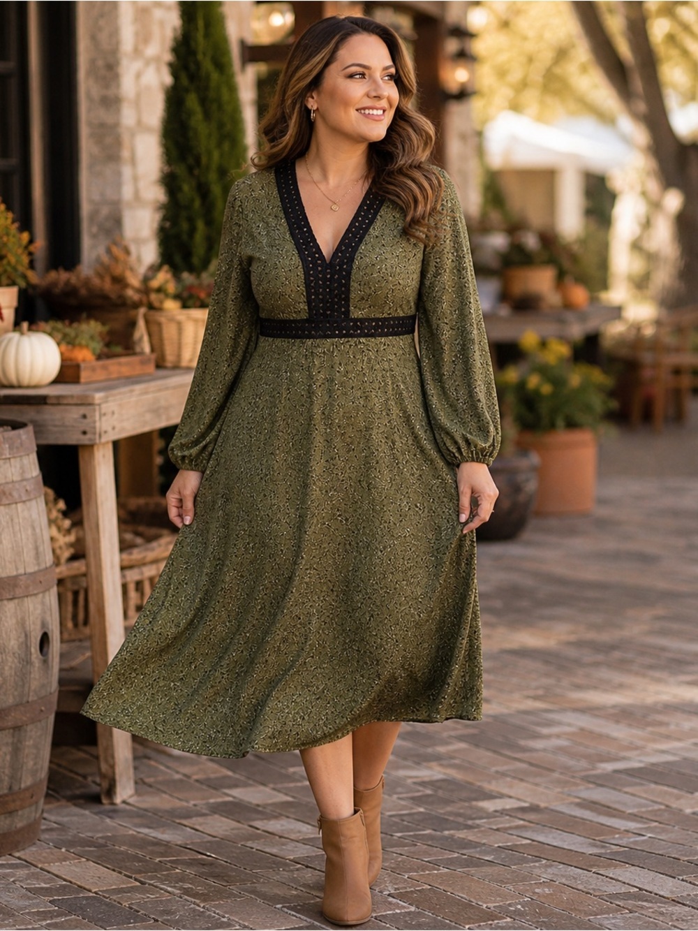 Shein Green Print Midi Dress with Lace Trim – Size M (NWOT)